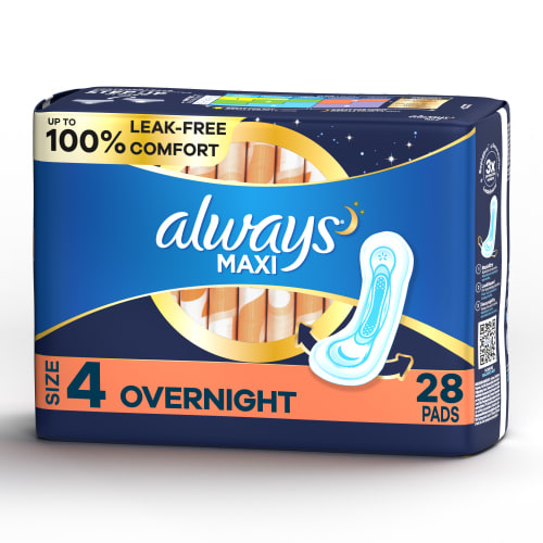 Always Maxi Pads without Wings, Size 4, Overnight Absorbency, 28 CT HSA/FSA Eligible