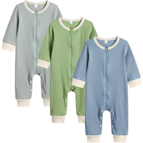 Bafeicao Unisex Baby Boy Girl 2/3 Pack Rompers Long Sleeve 2 Way Zipper One Piece Jumpsuits Clothes Sets