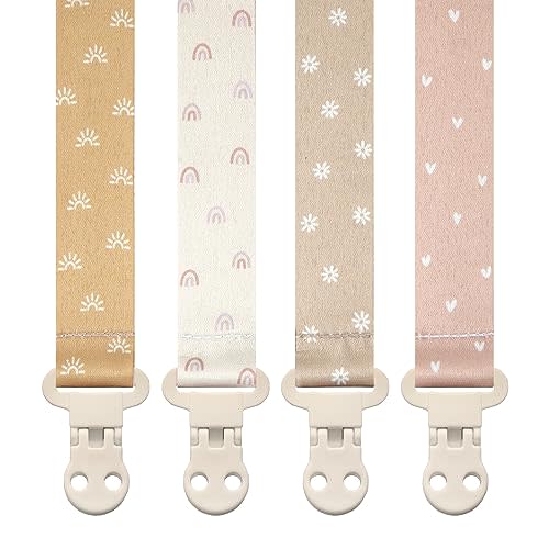 Stadela Baby Pacifier Clip Holder - Girl 4 Pack Gift Set - Boho Rainbow Suns Hearts Daisies Design (Belle)