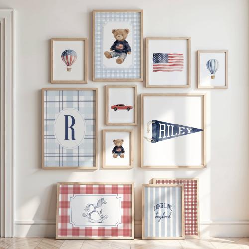 Custom Americana Nursery Art Set, Personalized Name Pennant & Monogram Initial, Vintage Americana Boys Room| Digital Download| Printable Art