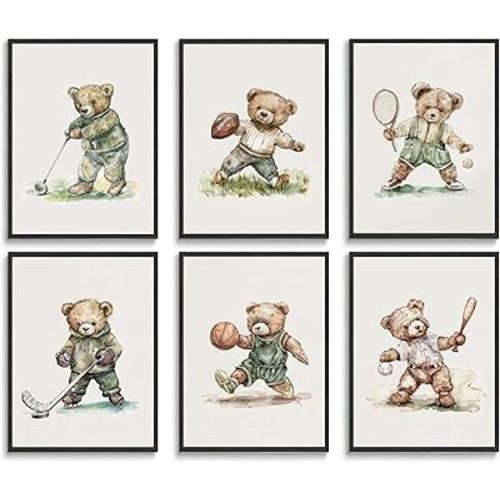 Teddy Bear Sports Wall Art Prints Set of 6 Vintage Cute Animal Wall Decor Pictures Basketball Rugby Baseball Kids Room Posters Sports Nursery Theme Decoration for Boy Room Playroom Unframed 8x10in