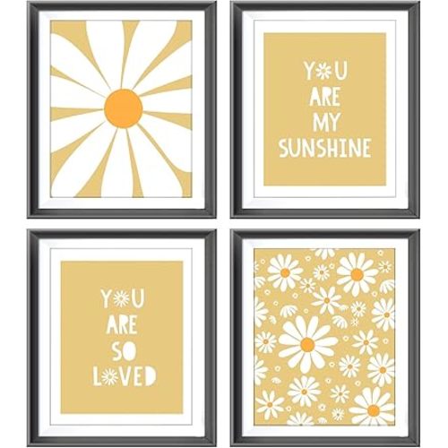 AEHIE Boho Yellow Daisy Flower Decor Art Print, You Are My Sunshine Poster for Baby Girls Room Nursery, Bohemian Wall Art, Spring Aesthetic Floral Wall Art, 4pcs
