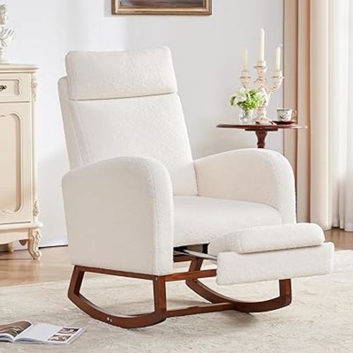 Rocking Chair Nursery Chair with Foot Rest, Glider Rocking Chair with Pocket, Nursery Rocking Chairs with High Back, Baby Nursery Glider Rocker, Nursing Chair Accent Living Room (Teddy, Ivory)