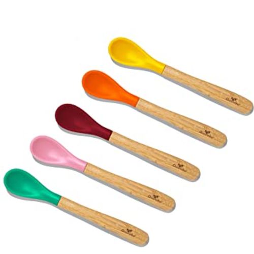 Avanchy Infant Baby Spoons Bamboo and Silicone Set, Self Feeding Food Utensils, 4 Months Baby Led Weaning, 5 Pack, with Pink Spoon