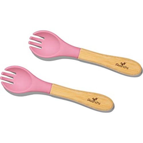 Avanchy Baby Fork Set, Bamboo and Silicone Spork Utensils, Toddler Baby Led Weaning Silverware Cutlery Flatware, Kids First Self Feeding