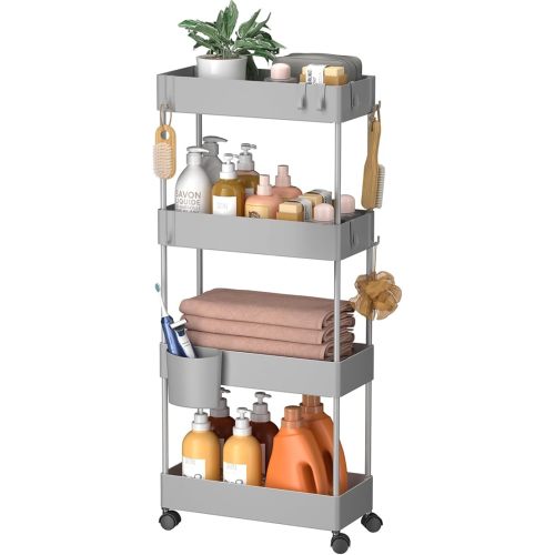 Pipishell Slim Storage Cart with Wheels, 4 Tier Bathroom Storage Organizer Rolling Utility Cart for Bathroom Kitchen Laundry Room Office Narrow Place (Gray)