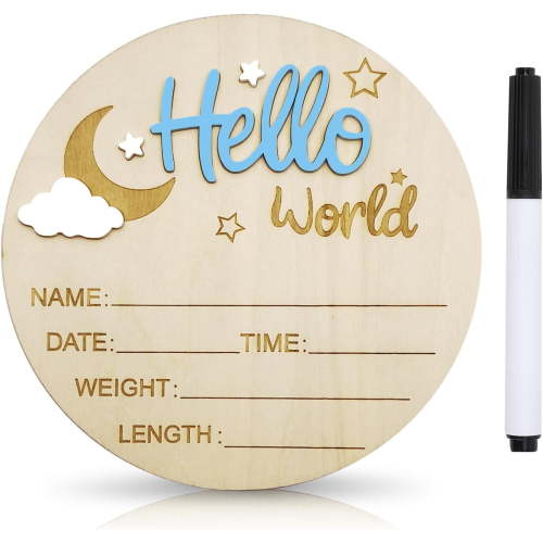 Baby Announcement Sign, 5.9 Inch Wooden Hello World Newborn Signs, Birth Announcement Sign and Pen, Moon and White Cloud Decoration, Welcome Newborn Arrival to World, Hospital Nursery for baby