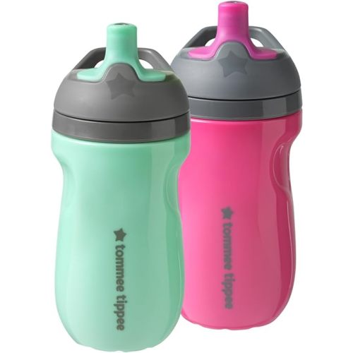 Tommee Tippee Insulated Sportee Bottle, 9oz, No Spill Toddler Water Bottle For 12 months +, Two-Piece Valve Helps Stop Spills, Pink and Mint, 2 count
