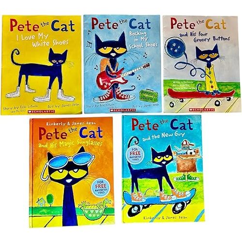 Pete the Cat Series 5 Books Collection Set (Pete the Cat I Love My White Shoes, Rocking in My School Shoes, His Four Groovy Buttons, His Magic Sunglasses & The New Guy) Paperback – June 7, 2023
