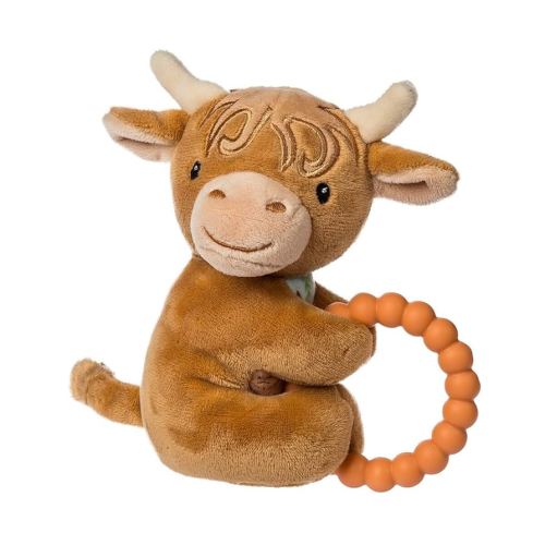 Mary Meyer Soft Baby Rattle with Soothing Teether Ring, 6-Inches, Hetty Highland Cow