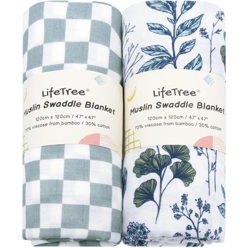 LifeTree Muslin Swaddle Blankets, Baby Swaddling Wrap Nursery Blanket for Boys & Girls, Soft 70% Viscose from Bamboo and 30% Cotton, Large 47 x 47 inches, Blue and White Porcelain & Checkered