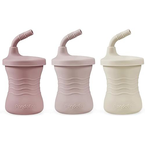 PandaEar 3 Pack Silicone Baby Training Cup, Straw Cups,Shatterproof Toddler Sippy Cups Drinking Sippy Cups for Baby and Toddler 6 Months+ 5 Oz (Pink/Light Pink/Linen)