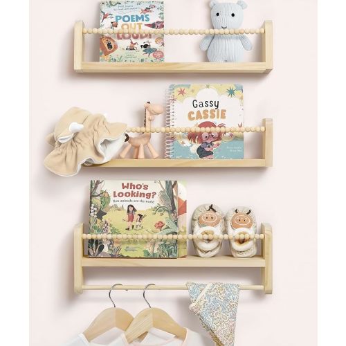 Nursery Book Shelves for Wall Set of 3, Natural Wood Bookshelves Wall Decor, Small Floating Shelf Organizer for Kids Room, Bedroom, Kitchen Spice Rack