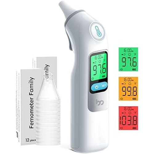 Femometer Family Ear Thermometer, Highly Accurate Ear Thermometer for Kids, Adults and Babies, 30 Memory Recall, 1s Result and 3-Color Fever Alert, with 24 Disposable Probe Covers, Home & Office Use