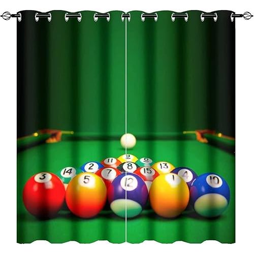 Billiard Window Curtains, Billiard Pool Balls Games Living Room Bedroom Curtains 2 Panel Sets, Thermal Insulated Room Darkening Window Coverings Drapes W42 x L63