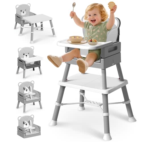 AVIDOR Baby Highchair for Babies and Toddlers, 6 in 1 High Chair with 5 Point Harness and Removable Safe Tray, Easy Clean& Ergonomic, Cute Bear Cunshion Baby Highchair for 6-36 Months and 33 lbs, Grey