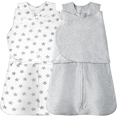 Baby Sleep sack Swaddle,Swaddles 3-6 Months,3-Way Adjustable Wearable Transition Blanket 100% Organic Cotton 2-Piece,12-18 lbs,1.0 TOG(Star&Grey)