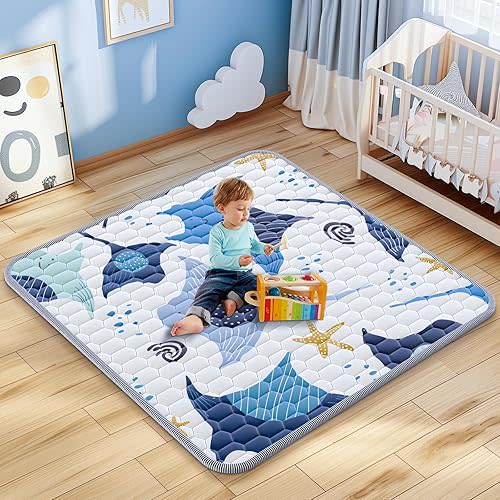 Omzer Baby Play Mat 43×43inch - Thick & Soft Baby Cushioned Playmat for Playpen - Crawling Mat for Babies Toddlers & Infants with Non-Slip Silicon Dot - Machine Washable Floor Playmats in Marine Style