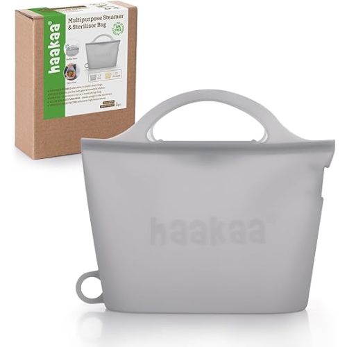 Haakaa Silicone Microwave Steamer & Steriliser Bag, Reusable Silicone Steaming Bags for Baby Bottles, Breast Pump, Accessories, Pacifiers and Teethers, Great for Home and On-The-Go, Grey/1PC (1250ml)
