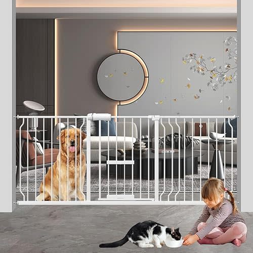 ALLAIBB Extra Wide Baby Gate with Small Cat Door, 62.20-71.65 Pressure Mount Indoor Auto Close Dog Gate with Pet Door for Stairs, Doorway, House, Kitchen, Walk Through Sturdy Large Gate, White