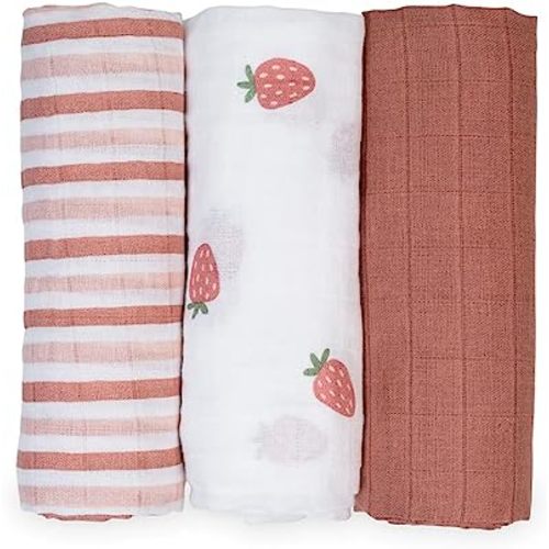 lulujo Baby Receiving Blanket| Unisex Softest 100% Cotton Muslin Blanket| Neutral Receiving Blanket for Girls & Boys | 28in x 28in | Baby Gift| Strawberries