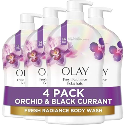Olay Body Wash for Women, Fresh Radiance, Refreshing & Renewing, Made with Plant Based Cleansers, B3 Botanical Complex, For All Skin Types, Orchid & Black Currant Scent, 33 fl oz (Pack of 4)
