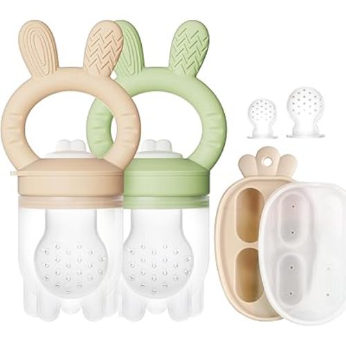 2 Packs Baby Fruit Feeder & Freezer Nibble Tray Combo, Push Pop Baby Food Feeder to Safely Introduce New Foods, Fresh & Frozen Food Silicone Feeder, 100% Food Grade, BPA Free (Caramel & Olive)