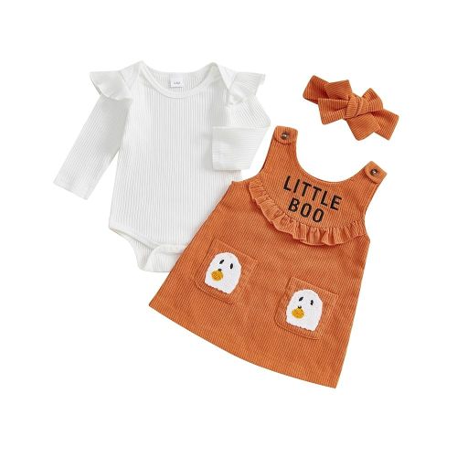 MoZiKQin Baby Girl Halloween Outfit Long Sleeve Ribbed Romper Ghost Embroidery Overall Dress Headband Cute Fall Clothes