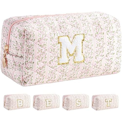 HBselect Initial Makeup Bag for Women, Pink Cosmetic Travel Toiletry Bag, Flowers Zipper Make Up Pouch Organizer Teen Girl Gifts Trendy Stuff M