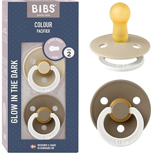BIBS Pacifiers Colour Collection | Natural Rubber Baby Pacifier | Set of 2 BPA-Free Soothers | Made in Denmark | 6+ Months (Pack of 2) | Vanilla Night/Dark Oak Night