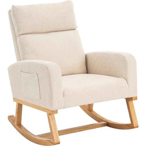 Rocking Chair Nursery, Upholstered Nursing Rocker Chair for Mom with High Backrest and Side Pockets for Bedroom Living Room, Beige - Linen-beige