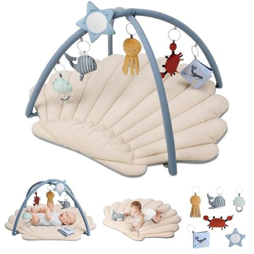 Shell Baby Play Gym Mat, Softer & Enlarged Tummy Time Mat w 6 Detachable Toys for Sensory & Motor Skill Development, Activity Mat for Newborn Essentials Shower Gift, Boho Ocean Theme