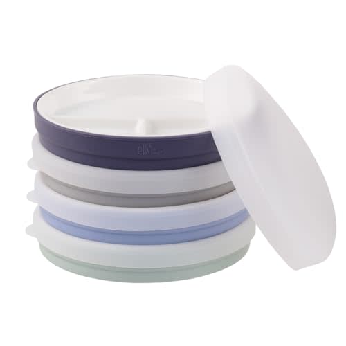 Elk and Friends Kids 6.7” Porcelain White Plates with Silicone Sleeves + Silicone Lids | Divided Plates | Suitable for Kids/Toddlers | Microwave & Dishwasher Safe | Non Slip | Snack Dishes