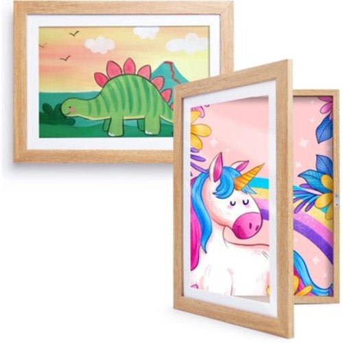 Kromapolis Kids Artwork Frames Changeable Front Opening,Set of 2, A4, 8.4x11.8 Art Picture Frame with Mat Display for Room Decor,Children Storage Frame Holds 150 Pcs Drawings,Crafts,Art Project,Wood