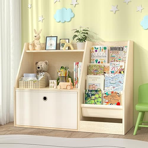 TOETOL Kids Bookshelf & Book Storage，4 Sling Wooden Toddler Book Shelf，2-Tier Wooden Open Bookcase & Storage Organizer Boxes for Nursery, Playroom, Bedroom