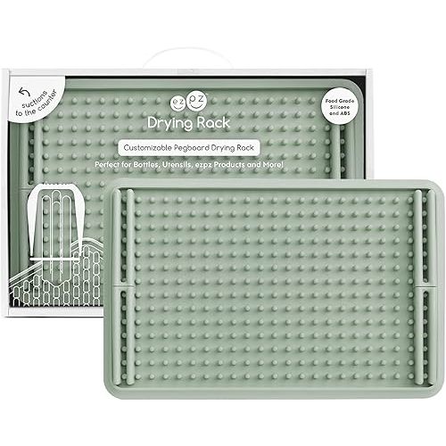 ezpz Drying Rack (Sage) - 100% Silicone Collapsible Dish Drying Rack + Suctions in Place + Adjustable Pegs - Dishwasher Safe - Durable Long-Lasting