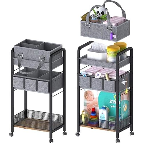 2IN1 Baby Diaper Caddy Organizer-3 Tier Rolling Storage Cart with Dividers - Bedside Diaper Caddy Cart for Baby Nursery Newborn Essentials-Mobile Utility Carts with Wheels for Changing Table