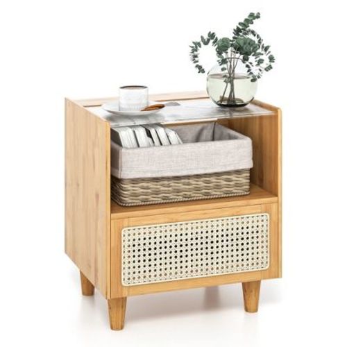 Tangkula Bamboo Rattan Nightstand Boho Bedside End Table w/ Drawer & Wood Legs