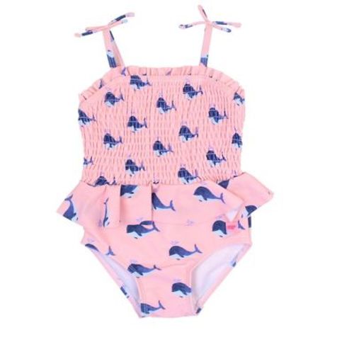 Rufflebutts Baby Girls Upf50+ Peplum Smocked Bodice One Piece - Pink Whale Friends, 18-24m