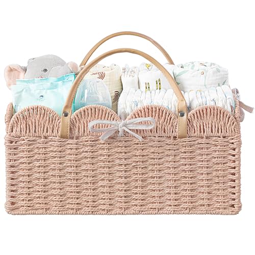 HBlife Baby Diaper Caddy, Paper Rope Storage Baskets Nursery Bin with Removable Divider, Portable Car Organizer for Diapers, Baby Shower Gifts, Newborn Essentials Must Haves