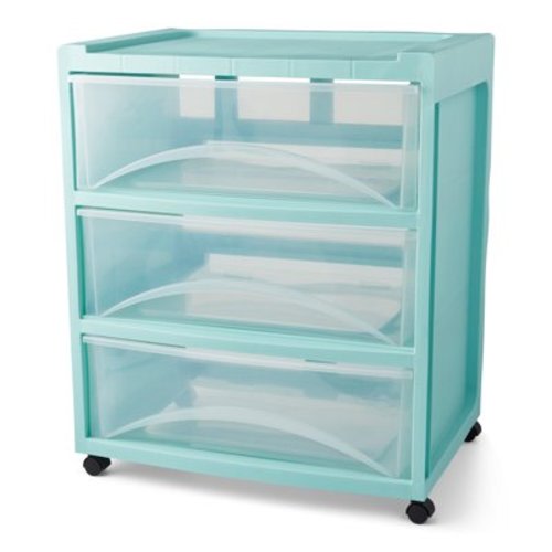 Mainstays 3-Drawer Wide Plastic Storage Cart, Mint, with Casters