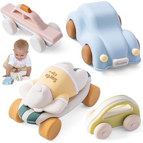 Moonkie Food Grade Silicone Toy Cars for Toddlers 1-3, Push and Go Baby Car Toys 6-12 Months+, One-Piece Design Infant Toys, Birthday Gifts for 1 Year Old Boy Girl, Easy to Clean & Grasp, 5 Pack
