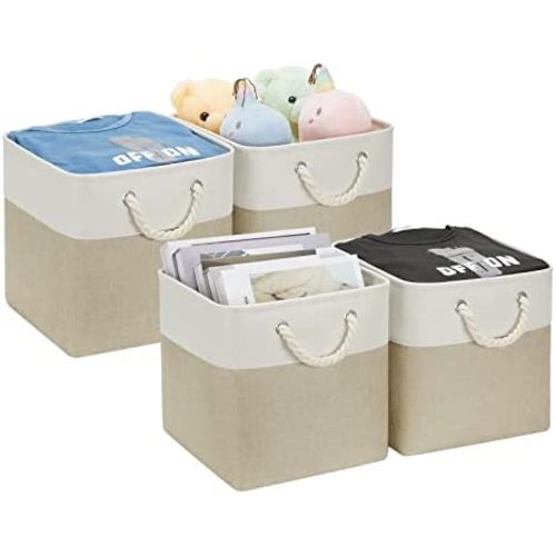 WLFRHD Storage Cubes Basket for Organizing 12x12x12 Cube Storage Bins Storage Baskets for Shelves Set of 4 Collapsible Fabric Storage Cubes Bins Closet Kids Gifts Bathroom (White and Khaki)