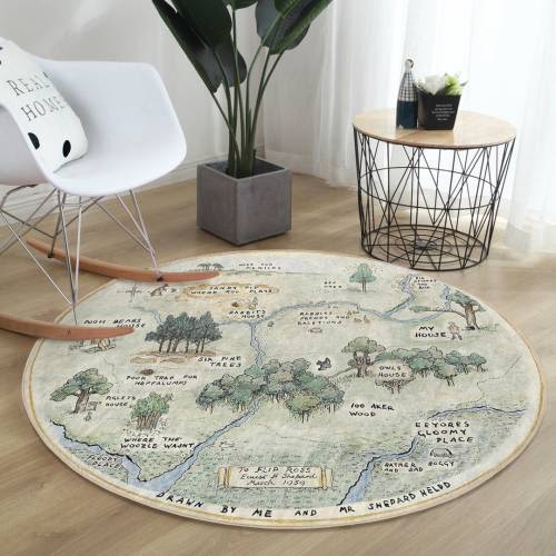 Woodland Round Rug|Pooh Floor Carpet|Forest Non Slip Circle Rugs|Cartoon Rubber Backing Mat|Map Area Rugs|Green Rug For Living Room