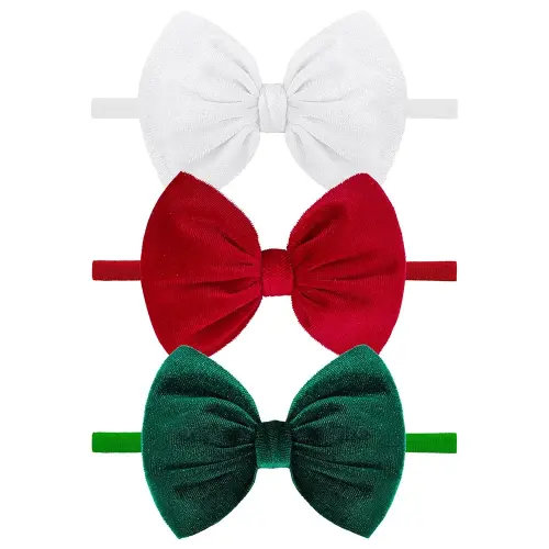 YanJie Hairband - Handmade Stretchy Nylon Hairbands with 3 Green-velvet Bows, Ideal for Baby Infants Toddlers Child, Unisex-B, 1 Count (Pack of 3)
