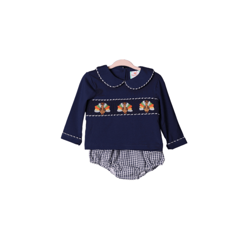 Smocked Navy Seersucker Gingham Turkey Diaper Set