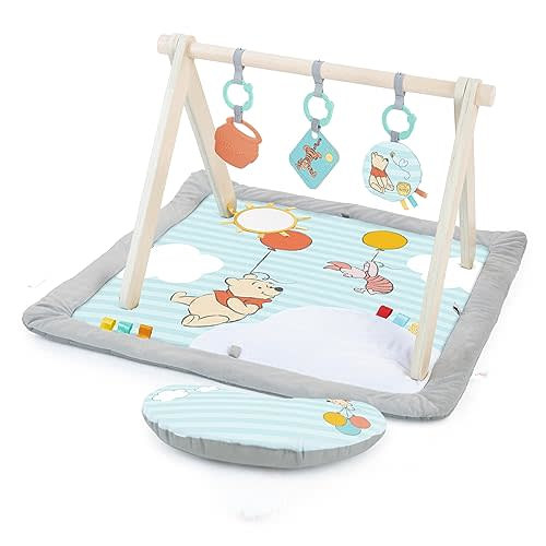 Bright Starts Disney Winnie The Pooh Once Upon a Tummy Time Baby Play Mat with Wooden Toy Bar, Tummy Time Mat and Play Gym, Sensory Toys, Blue, Newborn