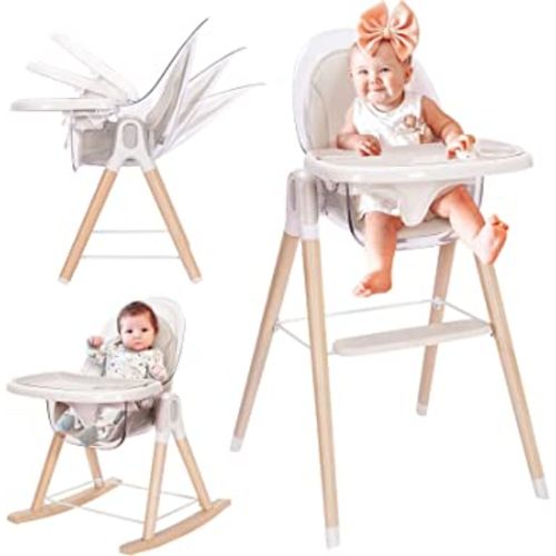 Tiny Dreny Wooden High Chair for Babies and Toddlers, 7-in-1 Grow with Family Convertible Baby High Chair, Toddler and Booster Seat, Rocking Chair, Reclining Seat, Removable Cushion and Double Tray