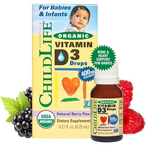 CHILDLIFE Essentials Organic Vitamin D3 Drops - Vitamin D Drops for Infants, Baby Vitamin D Drops, Kids Liquid Vitamin D for Newborns, 400 IU Per Drop - Natural Berry, 0.21 Fl Oz (1 Pack)