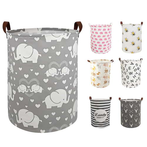 Furrygo Large Laundry Basket, Waterproof Canvas Laundry Hamper, Collapsible Storage Basket Bin for Kids Room, Toy Organizer, Nursery Hamper, Clothes Hamper, Gray Elephants
